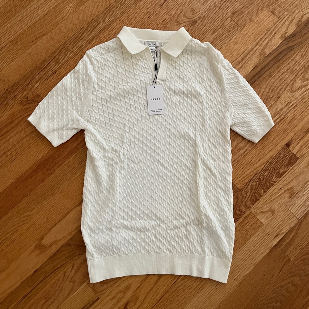 Reiss white cream cable knit v neck polo shirt - Picture 6 of 8